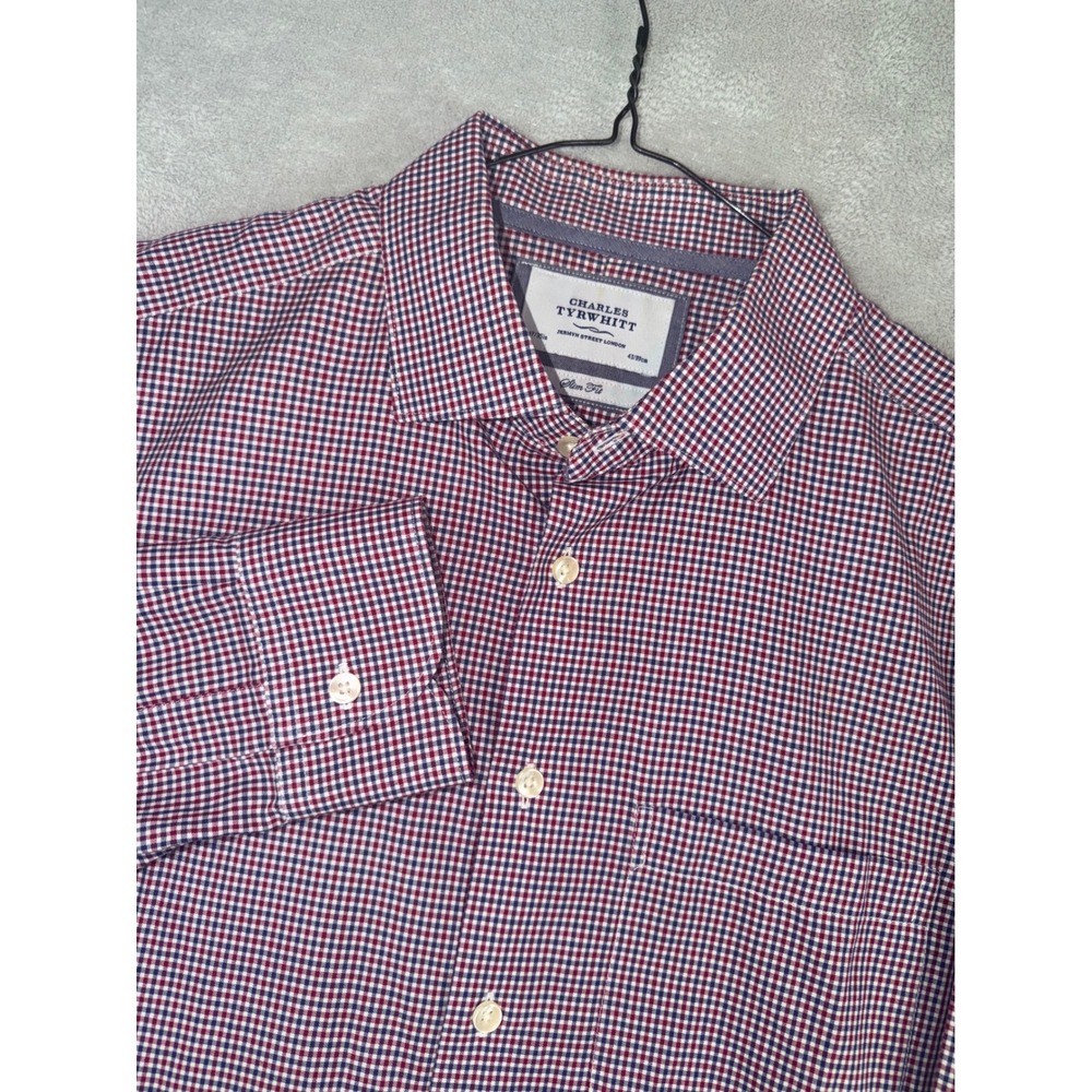 Charles Tyrwhitt Mens 17X35 Slim Fit Micro Check Button Down Shirt Red Blue